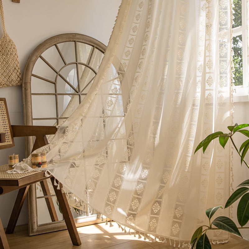 Sutuo Home ستائر سوتو المنزلية بلون البيج بتصميم بوهيمي لغرفة المعيشة وغرفة النوم 2 لوحات، حياكة دانتيل كروشيه، شبه شفافة، يدوية الصنع مع خرز، معالجة النوافذ بتصميم ريفي عتيق، جيب قضيب، 52" عرض × 84" طول - Image 1
