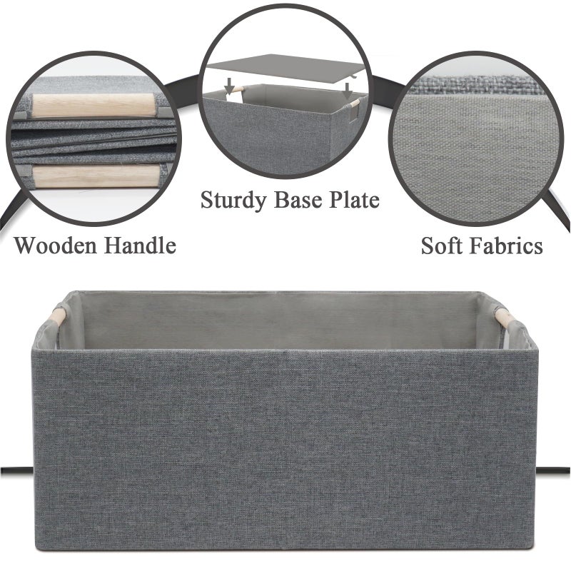 Jukercici Foldable Fabric Storage Cubes, 2 Packs Cloth Storage Baskets with Wooden Handles, Collapsible Shelf Closet Organizer Bins, Rectangular Storage Boxes for Decor (Gray) - Image 3