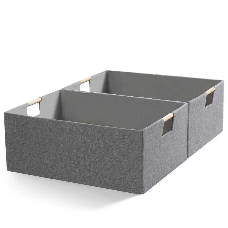 Jukercici Foldable Fabric Storage Cubes, 2 Packs Cloth Storage Baskets with Wooden Handles, Collapsible Shelf Closet Organizer Bins, Rectangular Storage Boxes for Decor (Gray) - Image 1