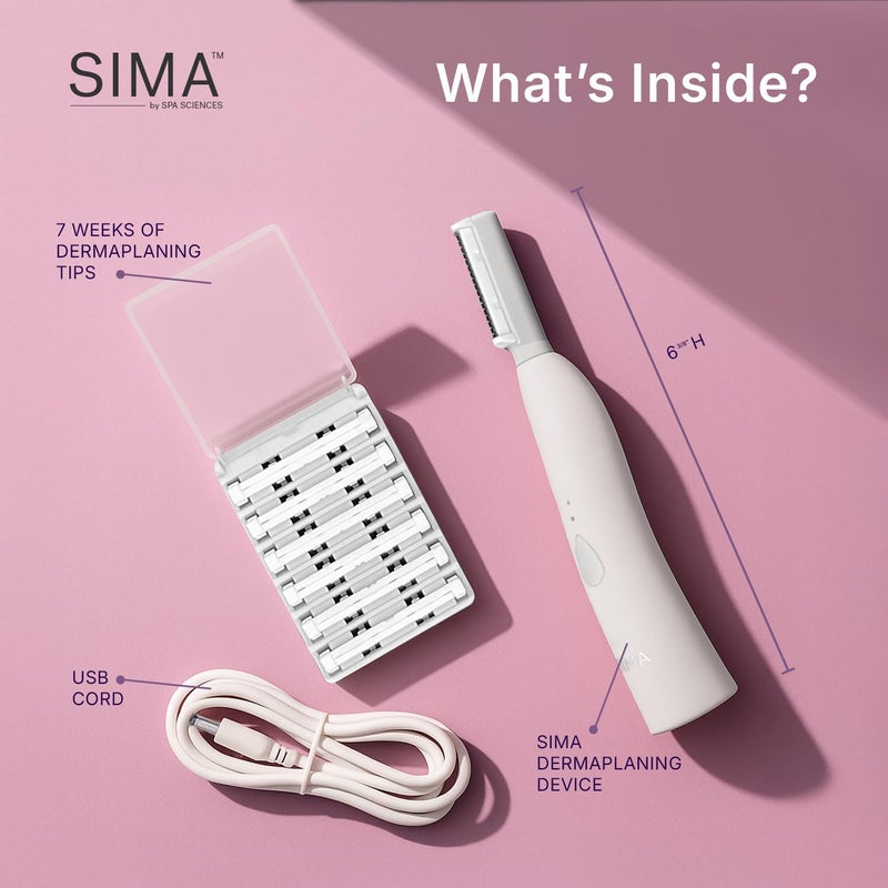 SPA SCIENCES - SIMA Patented Dermaplane Razor for Women Face – Painless 2-in-1 Facial Exfoliation & Peach Fuzz Hair Removal – Anti-Aging – 3 Speeds – Rechargeable – 7 Weeks Treatment - Image 4