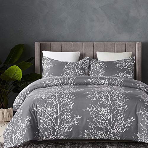 Vaulia Lightweight Cooling Microfiber Duvet Cover Queen Size, Grey and White Floral Branches Print Pattern All Season, 3-Piece Set (1 Duvet Cover 2 Pillow Shams) - Image 1