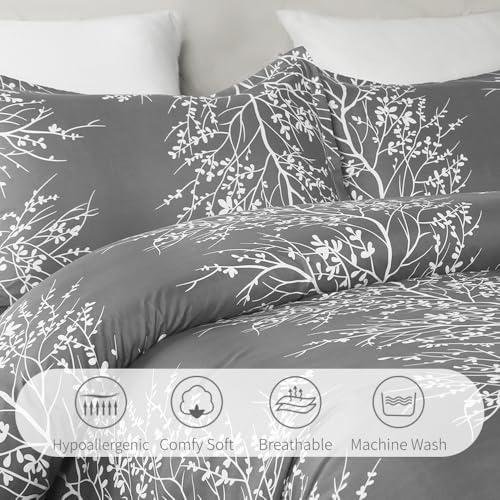 Vaulia Lightweight Cooling Microfiber Duvet Cover Queen Size, Grey and White Floral Branches Print Pattern All Season, 3-Piece Set (1 Duvet Cover 2 Pillow Shams) - Image 2