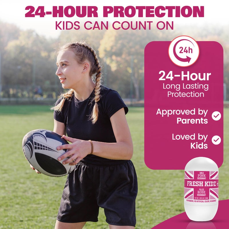 Fresh Kidz Roll On Deodorant for Kids and Teens - Baking Soda and Aluminum-free 24 Hour Protection for Sensitive Skin - Girls "Pink" 1.86 fl.oz. - Image 5