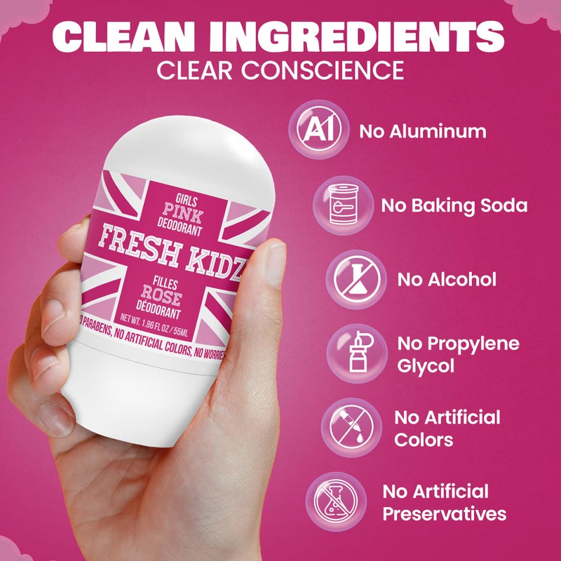Fresh Kidz Roll On Deodorant for Kids and Teens - Baking Soda and Aluminum-free 24 Hour Protection for Sensitive Skin - Girls "Pink" 1.86 fl.oz. - Image 3