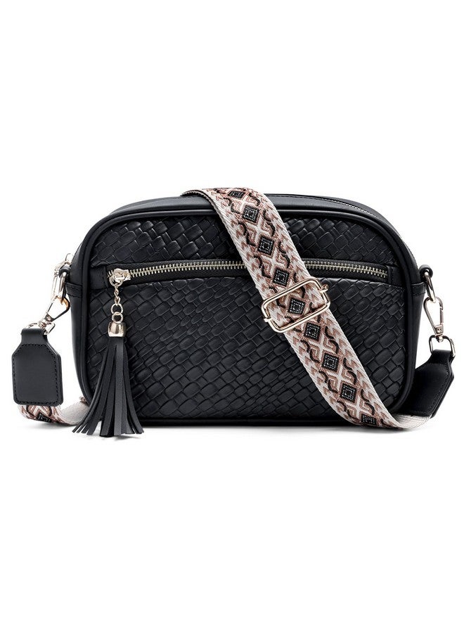Vaschy Crossbody Camera Bag Purse For Women Trendy Vegan Leather Woven Small Crossover Shoulder Bag With Guitar Strap Black - Image 1