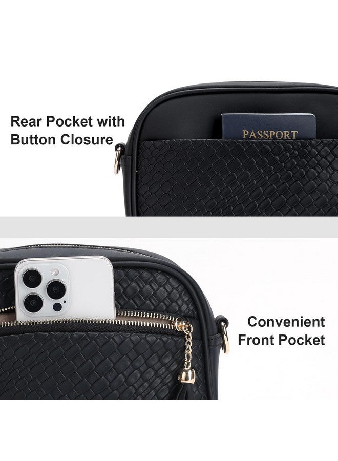 Vaschy Crossbody Camera Bag Purse For Women Trendy Vegan Leather Woven Small Crossover Shoulder Bag With Guitar Strap Black - Image 4