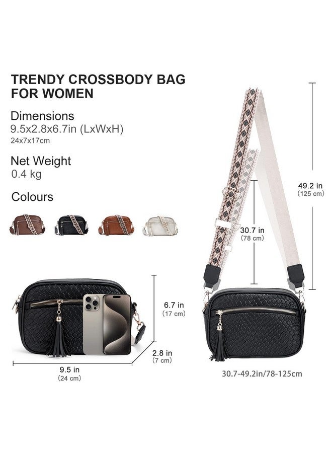 Vaschy Crossbody Camera Bag Purse For Women Trendy Vegan Leather Woven Small Crossover Shoulder Bag With Guitar Strap Black - Image 2