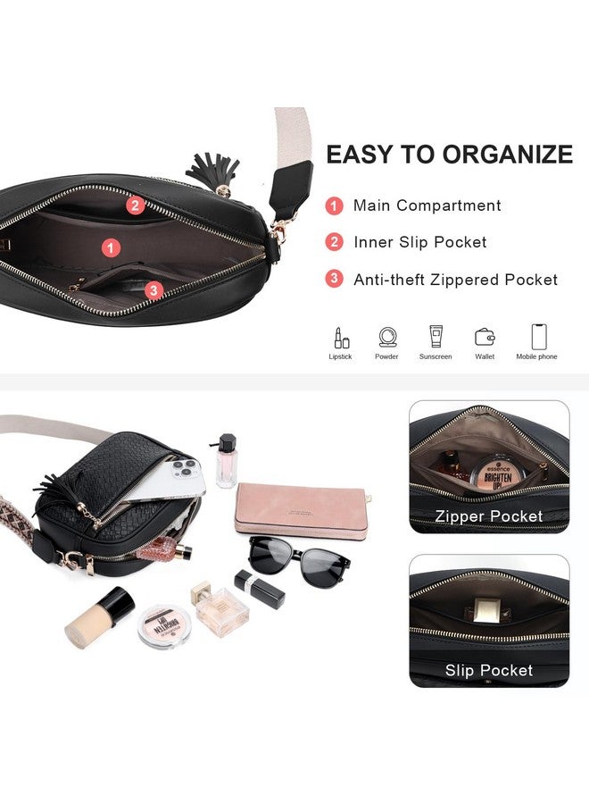 Vaschy Crossbody Camera Bag Purse For Women Trendy Vegan Leather Woven Small Crossover Shoulder Bag With Guitar Strap Black - Image 3