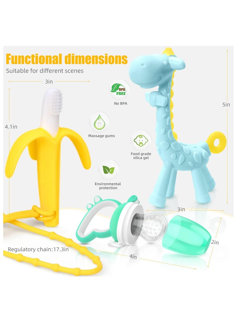 Mr. Penda - 6 Pack Giraffe Baby Teething Toys and Natural Organic Food Feeder,  Pacifier Banana Baby Teether, Chew Toys Fresh Fruit Feeding 2 Teethers and 1 Feeder with 3 Silicone Sacs (Blue Yellow) - Image 1