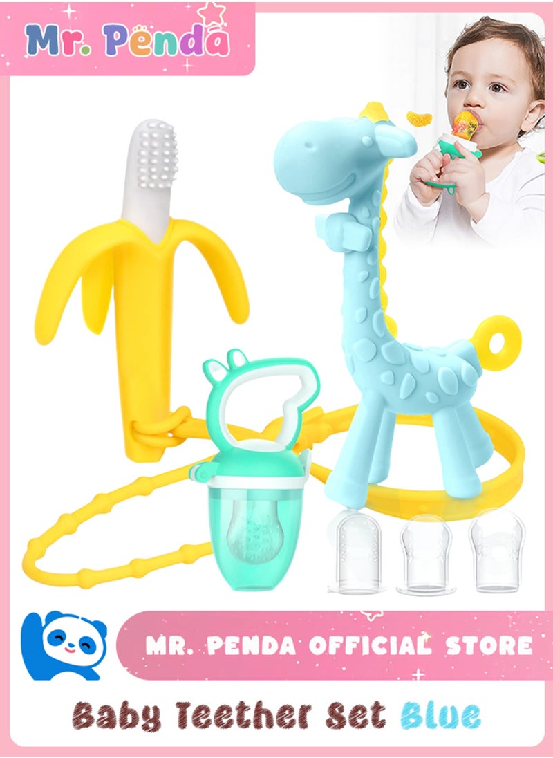 Mr. Penda - 6 Pack Giraffe Baby Teething Toys and Natural Organic Food Feeder,  Pacifier Banana Baby Teether, Chew Toys Fresh Fruit Feeding 2 Teethers and 1 Feeder with 3 Silicone Sacs (Blue Yellow) - Image 1