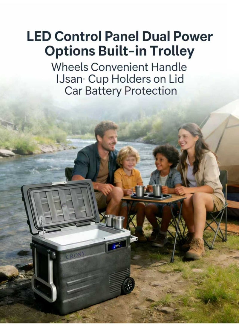CRONY 45L Portable Car Refrigerator/Freezer -20°C, 12V/24V DC and 100-240V AC dual power supply, with wheels, handle, LED panel, battery protection, for refrigerating food, suitable for cars, trucks, RVs, homes, travel, and camping. - Image 5