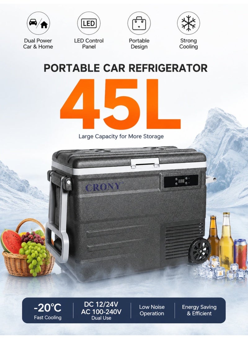 CRONY 45L Portable Car Refrigerator/Freezer Deep cooling to -20°C, 12V/24V DC and 100-240V AC dual power supply car refrigerator, outdoor refrigerator with wheels/handles/LED panel/battery protection, for food refrigeration, car, home, travel and camping. - Image 2