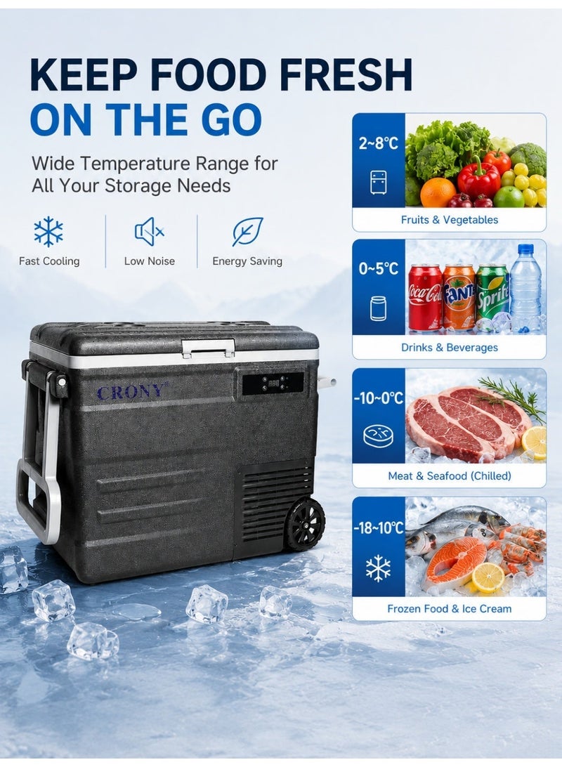 CRONY 45L Portable Car Refrigerator/Freezer Deep cooling to -20°C, 12V/24V DC and 100-240V AC dual power supply car refrigerator, outdoor refrigerator with wheels/handles/LED panel/battery protection, for food refrigeration, car, home, travel and camping. - Image 3