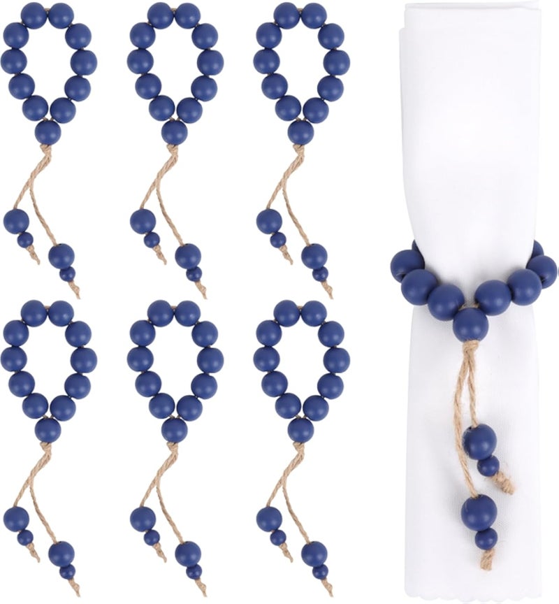 Yagoo Napkin Rings Set of 6, Handmade Farmhouse Wood Beaded Napkin Ring Set for Wedding, Banquet, Party, Dinner Table Decor (Navy Blue)