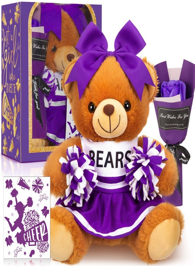 Arrowbash Cheerleading Gift Set Cute Cheerleader Bear with Artificial Flower Cheerleading Card and Box with Window Support Gift for Her Cheerleader Friends(Purple) - Image 1