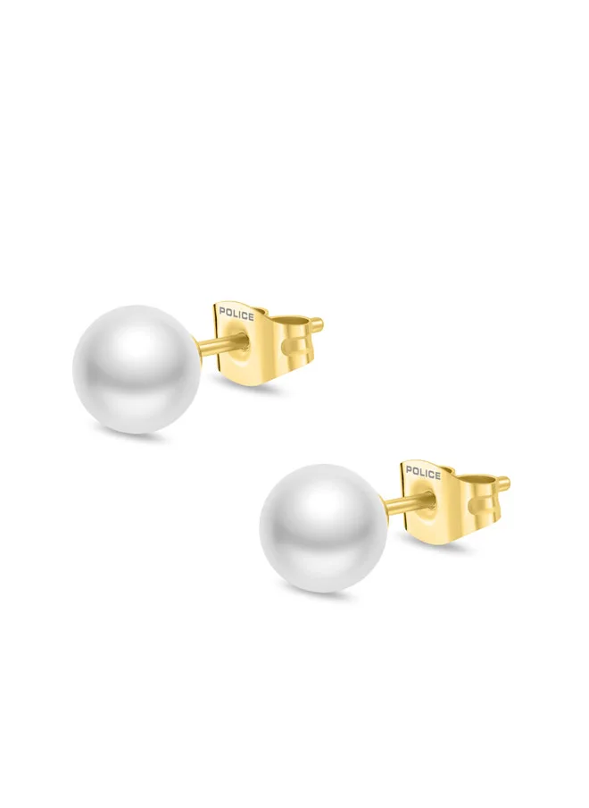 POLICE Opaline Gold-Plated Stud Earrings Lustrous White Pearl for Elegant Style
