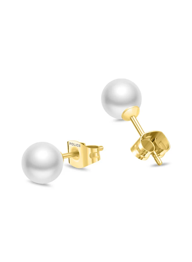 POLICE Opaline Gold-Plated Stud Earrings Lustrous White Pearl for Elegant Style