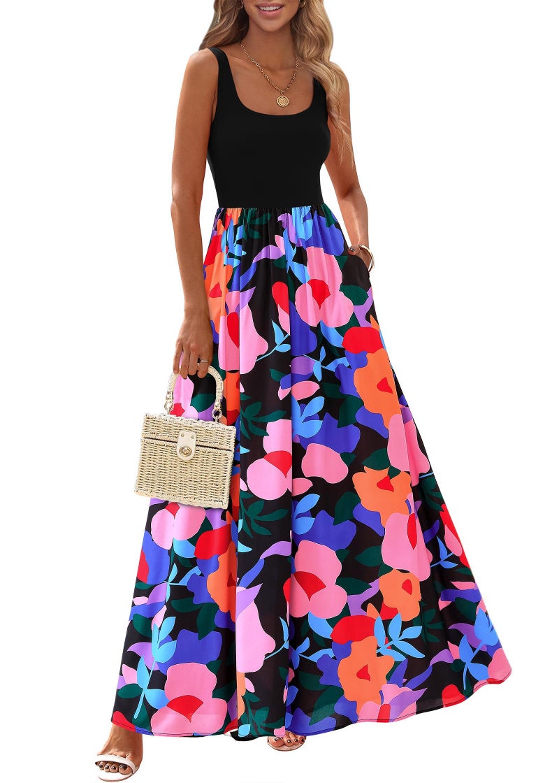 KIRUNDO Women Summer Sleeveless Boho Floral Maxi Dress 2026 Scoop Neck Tank A Line Flowy Beach Vacation Resort Wear Sundress(Floral Black Multicolored, Large) - Image 1