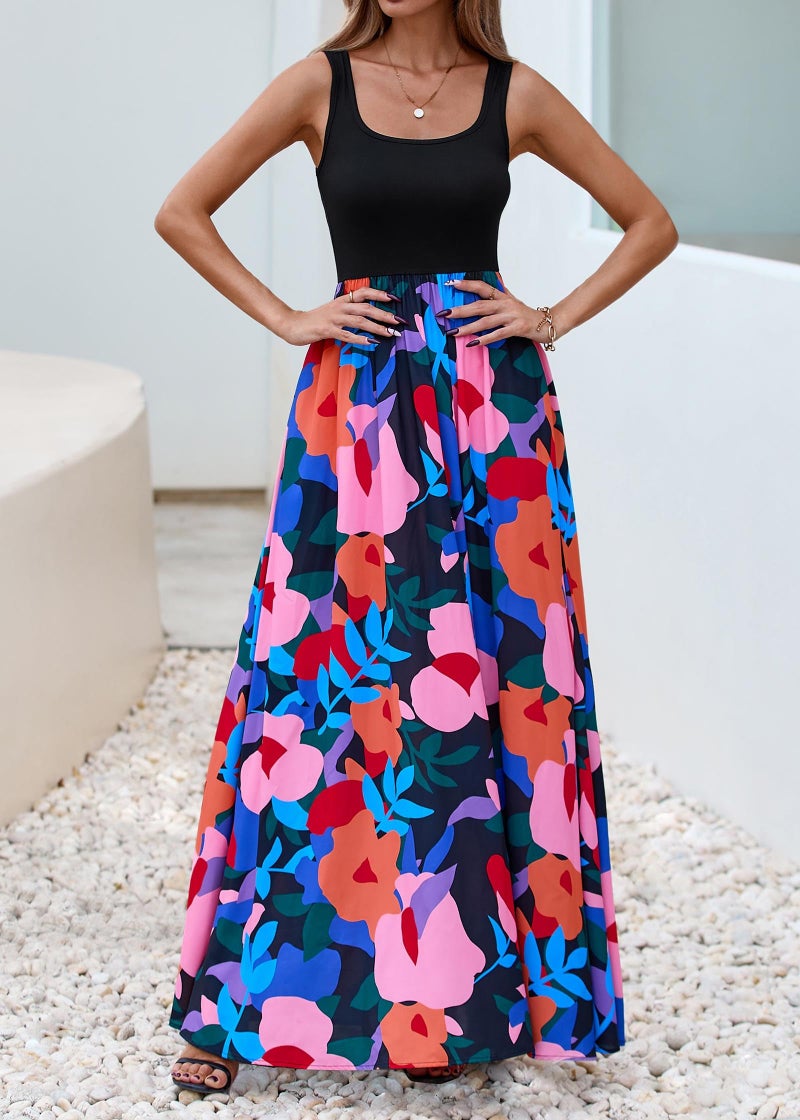 KIRUNDO Women Summer Sleeveless Boho Floral Maxi Dress 2026 Scoop Neck Tank A Line Flowy Beach Vacation Resort Wear Sundress(Floral Black Multicolored, Large) - Image 4