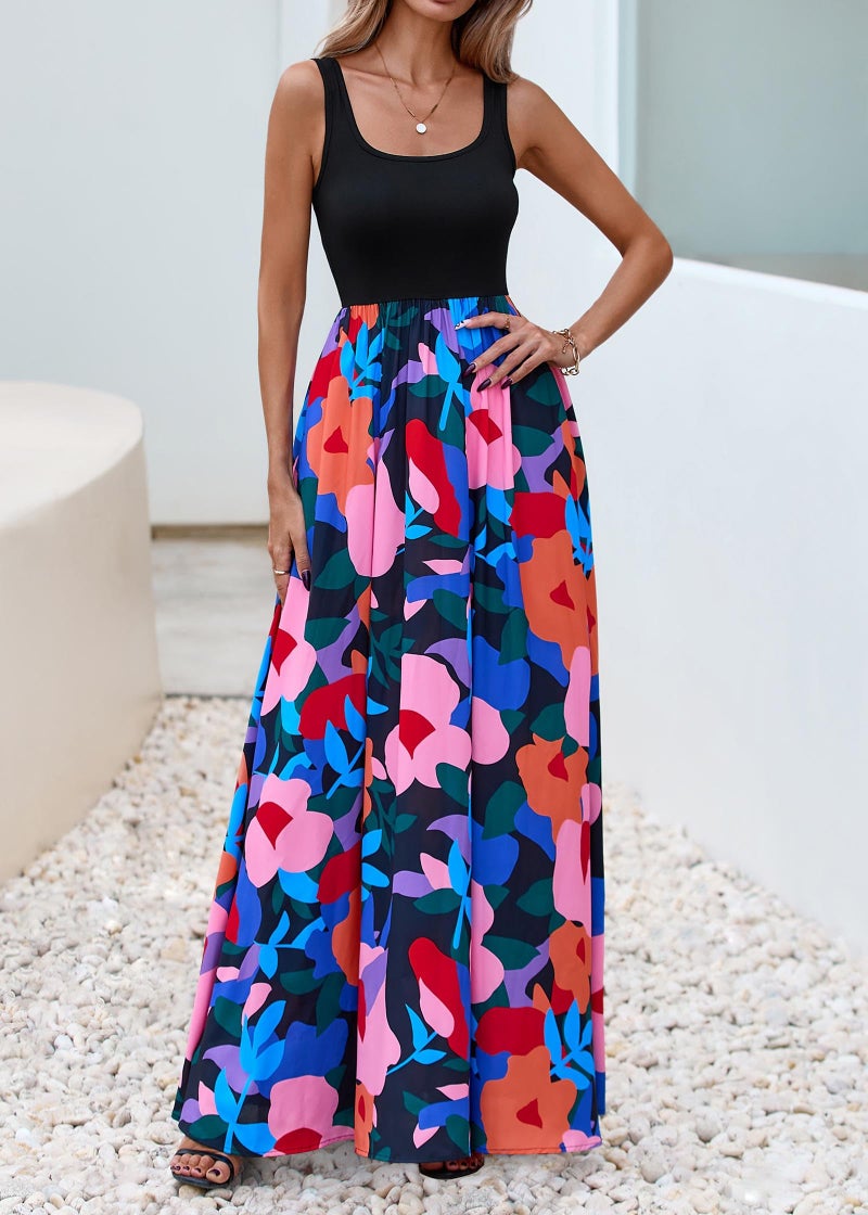 KIRUNDO Women Summer Sleeveless Boho Floral Maxi Dress 2026 Scoop Neck Tank A Line Flowy Beach Vacation Resort Wear Sundress(Floral Black Multicolored, Large) - Image 3