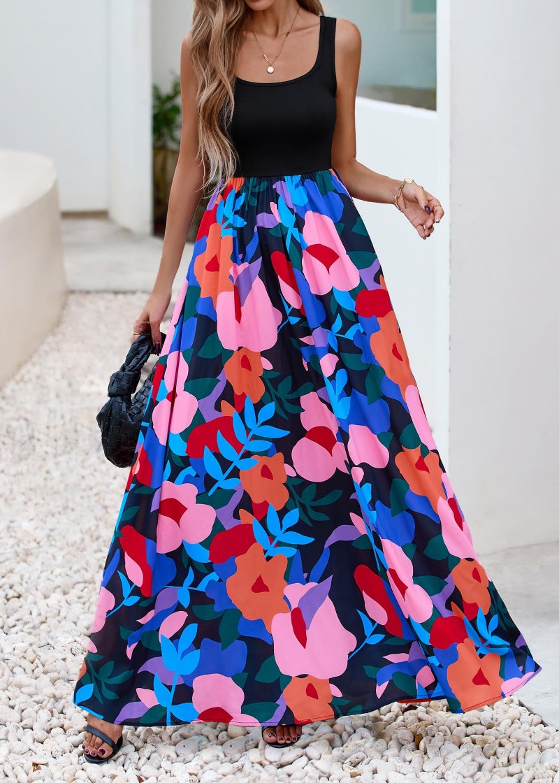 KIRUNDO Women Summer Sleeveless Boho Floral Maxi Dress 2026 Scoop Neck Tank A Line Flowy Beach Vacation Resort Wear Sundress(Floral Black Multicolored, Large) - Image 5