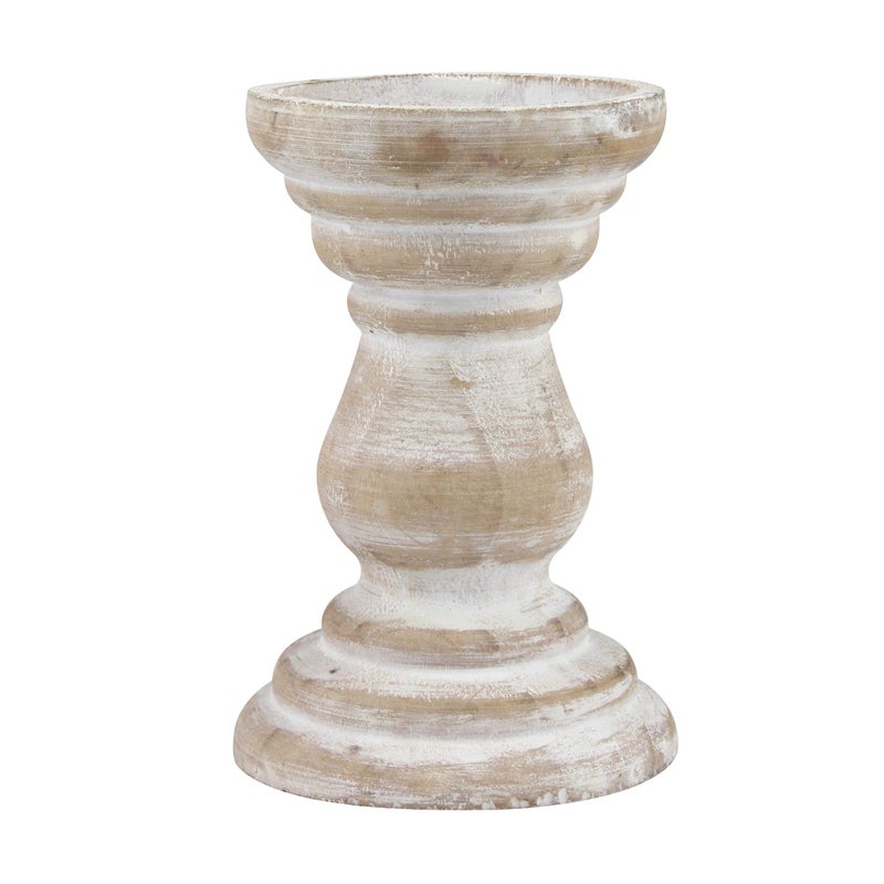 Stonebriar Antique White Wooden Pillar Candle Holder Vintage Seaside Pillar Stand for Dining Table Centerpiece Coffee Table Mantel Or Any Table Top Medium