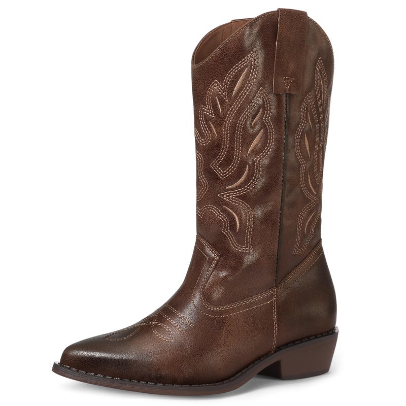 mysoft Women's Western Cowboy Boots Embroidered Mid-Calf Pointed Toe Cowgirl Boot - Image 1