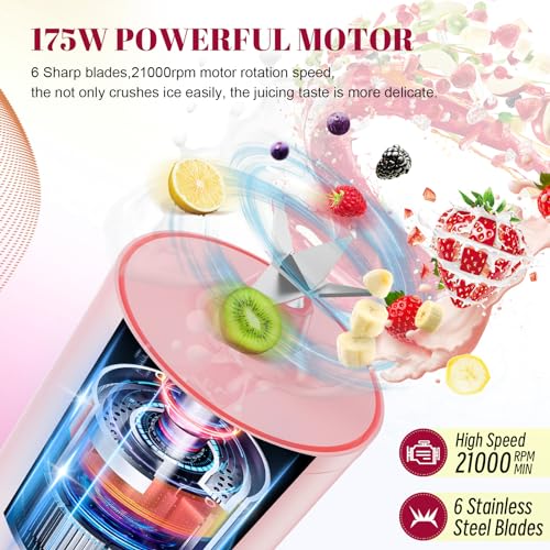 HOMEXUP Portable Personal Blender 17 OZ/500 ML Juicer, 175W Personal Size Blender, Ideal for Smoothies, Ice Blending, Juicing, and Food Processing, Compact, Convenient, and Versatile (Pink) - Image 3