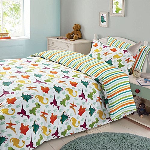Dreamscene Duvet Cover Pillowcase Bedding Set Boys Girls Dinosaur Reversible Stripe  Double