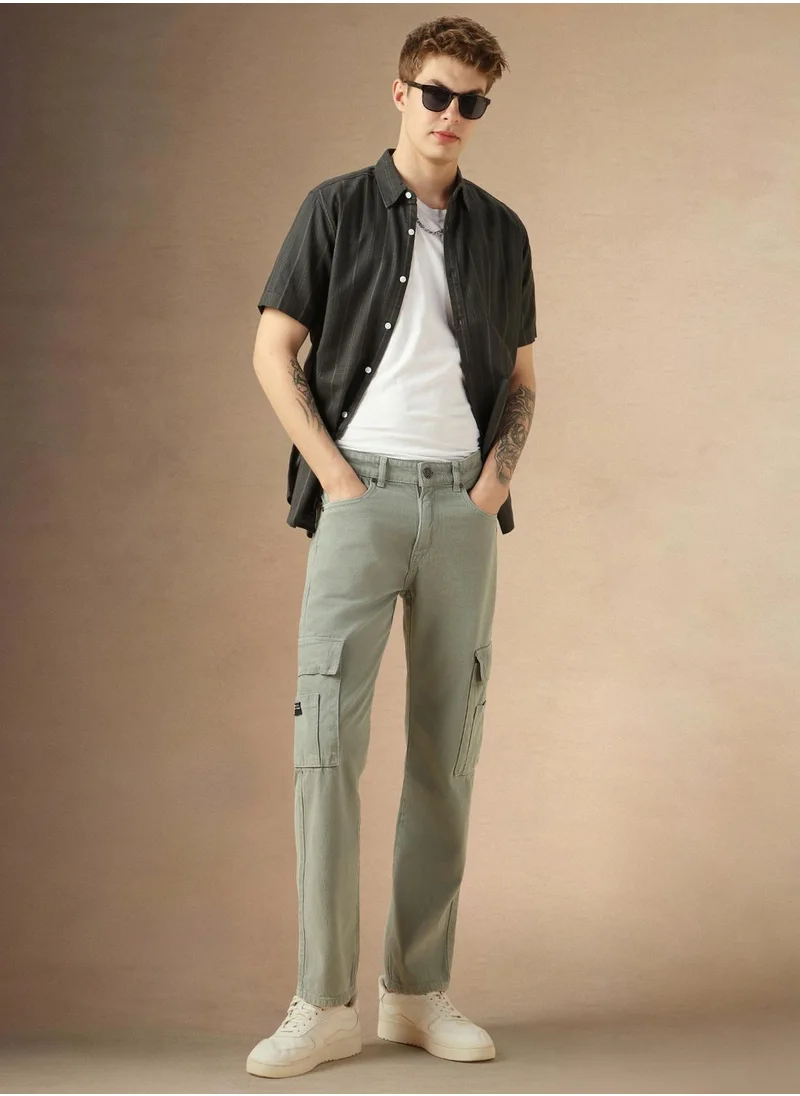 دينيس لينغو Men's Sage Green 100% Cotton Solid Full Length Relaxed Fit Jeans