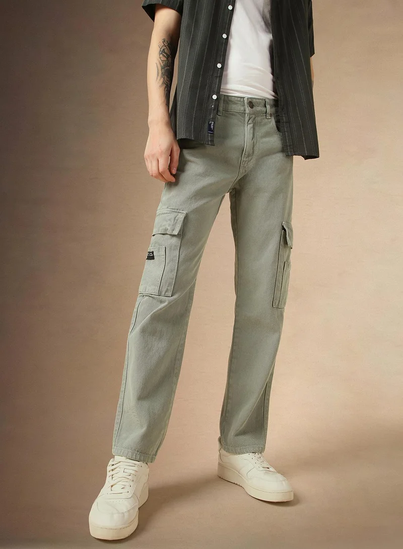 Dennis Lingo Men's Sage Green 100% Cotton Solid Full Length Relaxed Fit Jeans