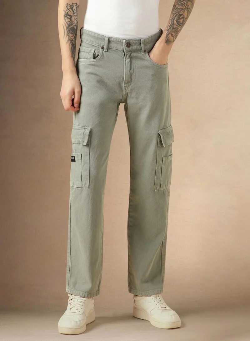 Dennis Lingo Men's Sage Green 100% Cotton Solid Full Length Relaxed Fit Jeans