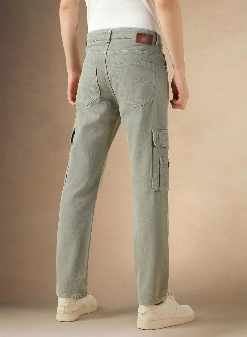Dennis Lingo Men's Sage Green 100% Cotton Solid Full Length Relaxed Fit Jeans