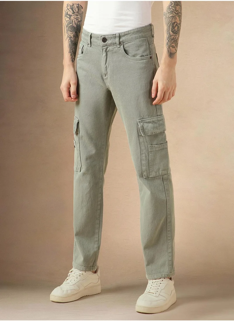 دينيس لينغو Men's Sage Green 100% Cotton Solid Full Length Relaxed Fit Jeans