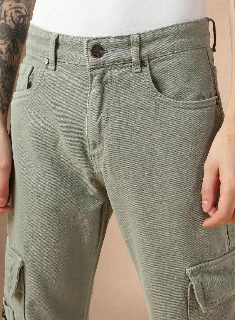 Dennis Lingo Men's Sage Green 100% Cotton Solid Full Length Relaxed Fit Jeans