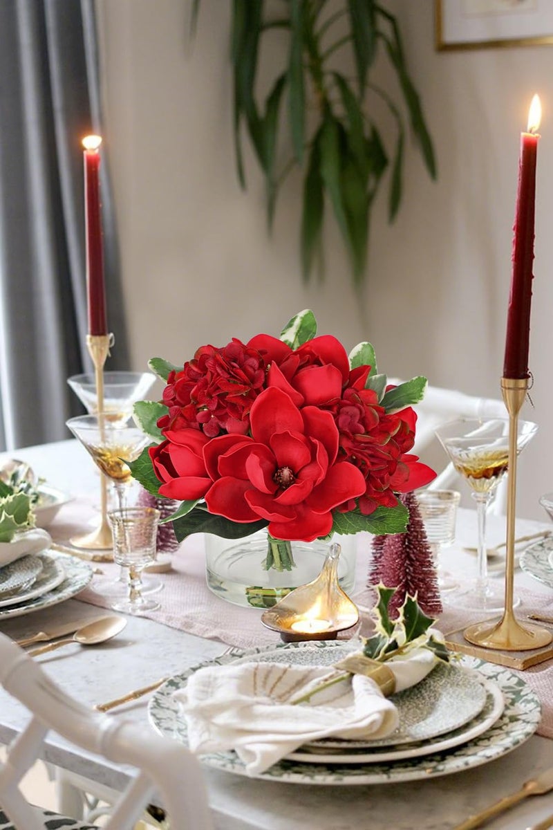 Briful Artificial Magnolia and Hydrangea Flower Arrangement in Glass Vase 9.4" Realistic Red Silk Fake Flower with Faux Water Fake Floral Centerpieces for Home Room Office Table Shelf DÃ©cor - Image 5