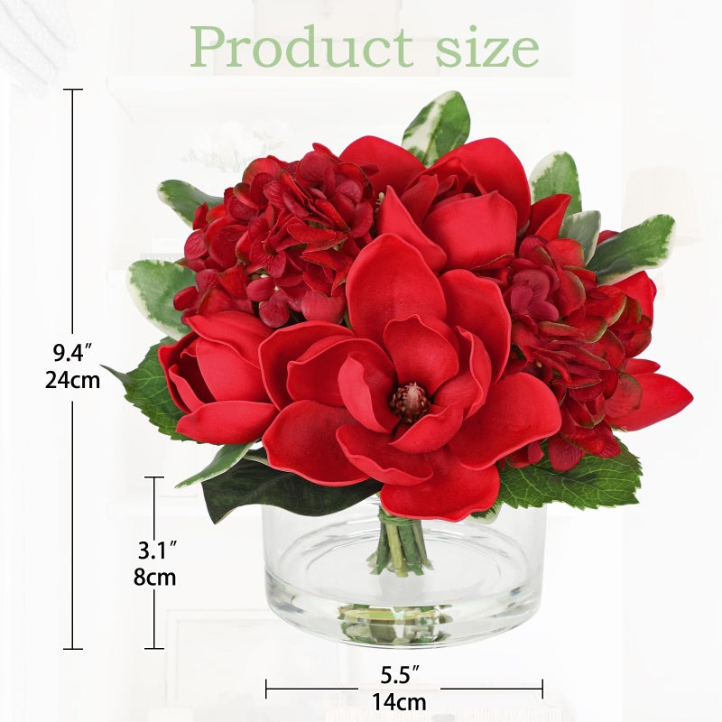Briful Artificial Magnolia and Hydrangea Flower Arrangement in Glass Vase 9.4" Realistic Red Silk Fake Flower with Faux Water Fake Floral Centerpieces for Home Room Office Table Shelf DÃ©cor - Image 2