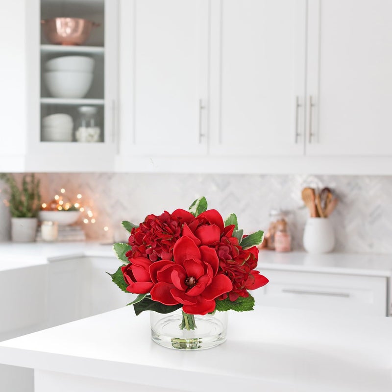 Briful Artificial Magnolia and Hydrangea Flower Arrangement in Glass Vase 9.4" Realistic Red Silk Fake Flower with Faux Water Fake Floral Centerpieces for Home Room Office Table Shelf DÃ©cor - Image 3