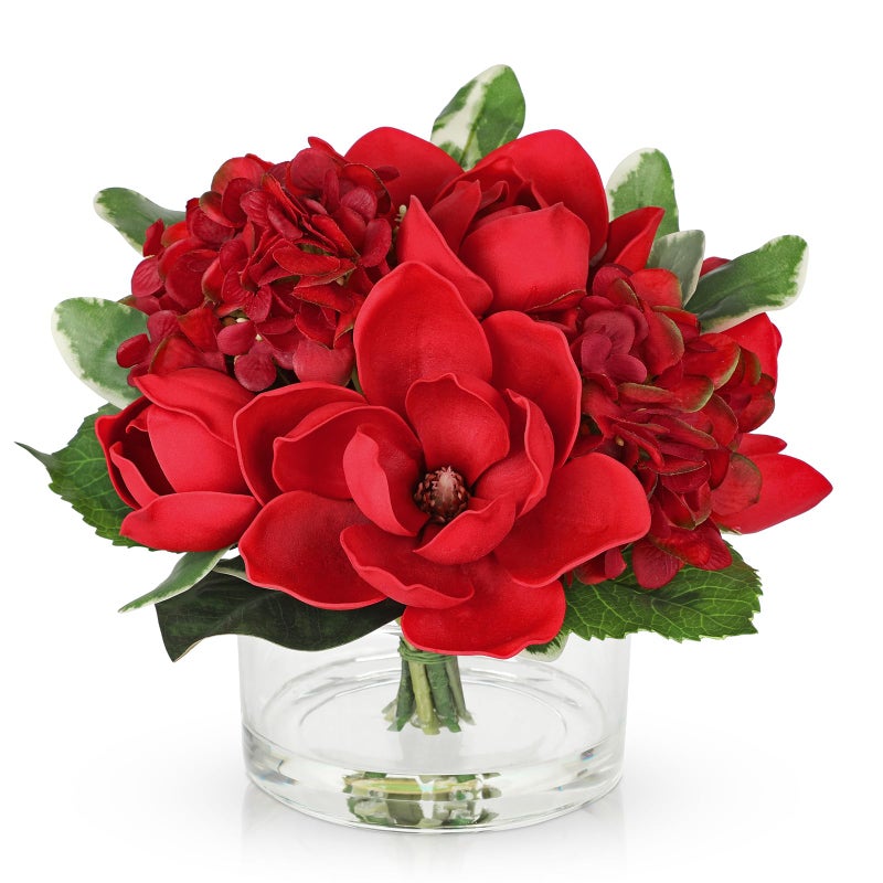 Briful Artificial Magnolia and Hydrangea Flower Arrangement in Glass Vase 9.4" Realistic Red Silk Fake Flower with Faux Water Fake Floral Centerpieces for Home Room Office Table Shelf DÃ©cor - Image 1