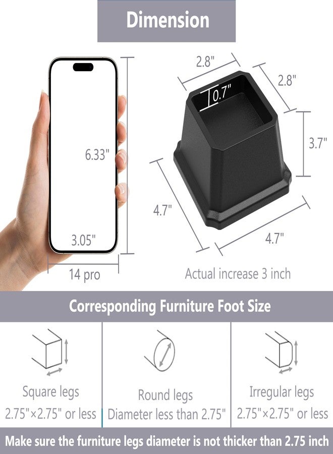 Napnapday Bed Risers 3 Inch Heavy Duty Bed Furniture Elevators, 1,500 lbs Lifts Up Riser for Sofa and Table Set of 4, Black - Image 2