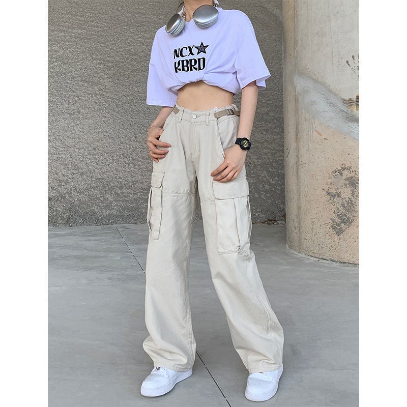 American high street large pocket workwear casual pants men and women fashion brand long pants summer couple loose all-match wide leg pants - Image 1