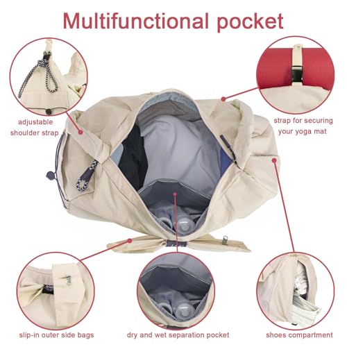 WOLT Gym Bag For Women, Beige Yoga Mat Bag with Shoes Compartment, Wet Pocket and Water Bottle Pocket - Image 4