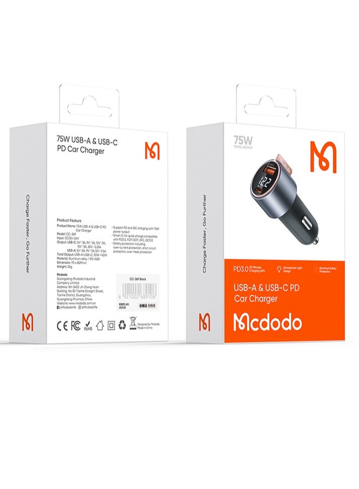 Mcdodo CC-3690 75W Digital Display 1C+1A PD Fast Car Charger - Image 1