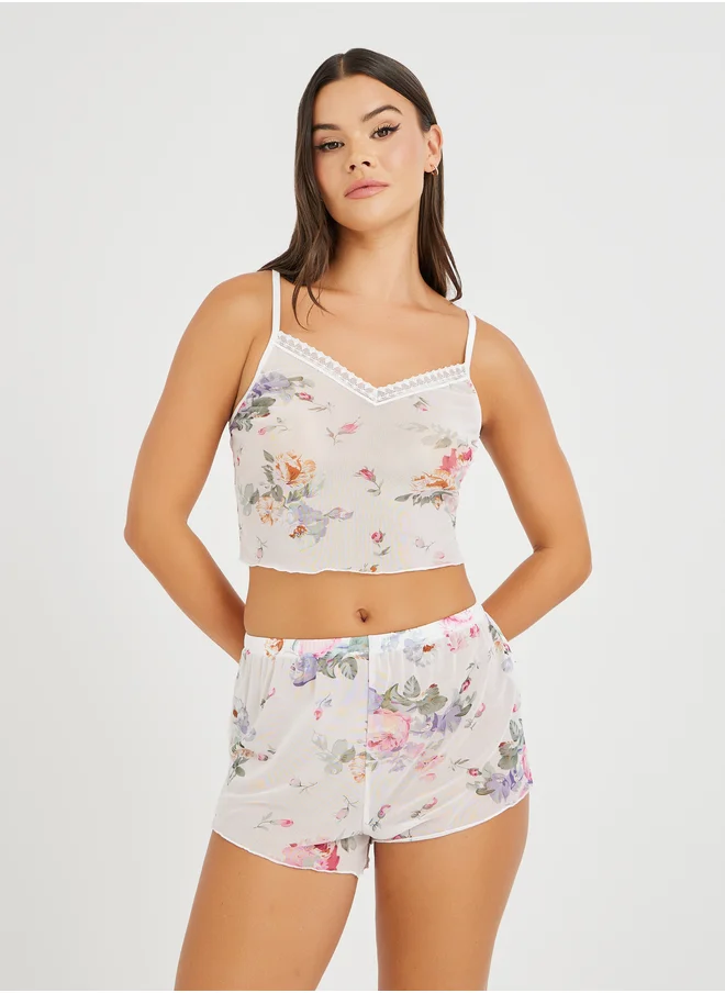 Styli Styli All-Over Floral Print Mesh Cami and Shorts Set