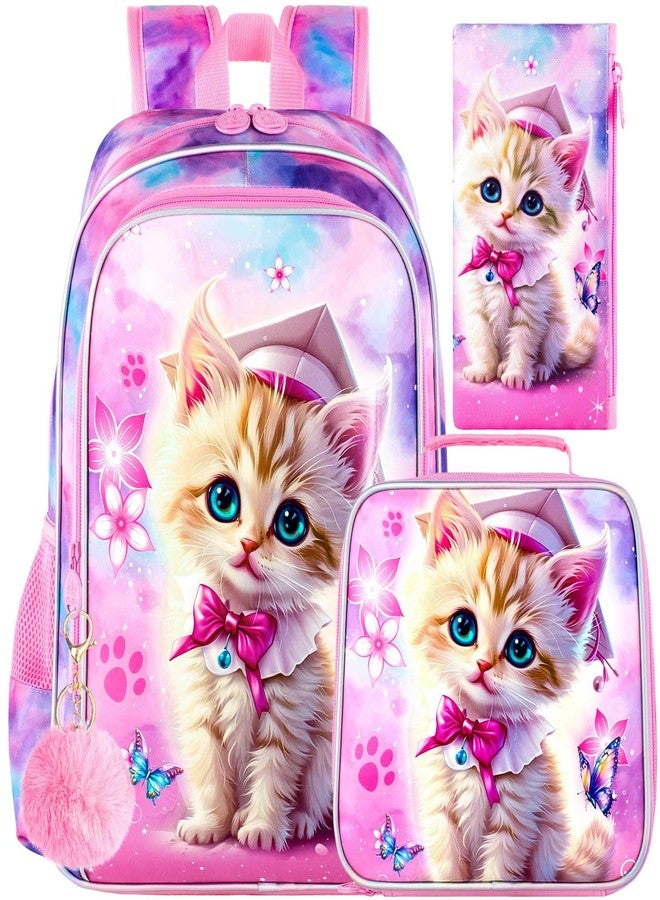 GXTVO 3PCS Girls Cat Bookbag, 16" Kids Backpackwith Lunch Box, Water Resistant School Bag for Elementary Preschool Toddler - Image 1