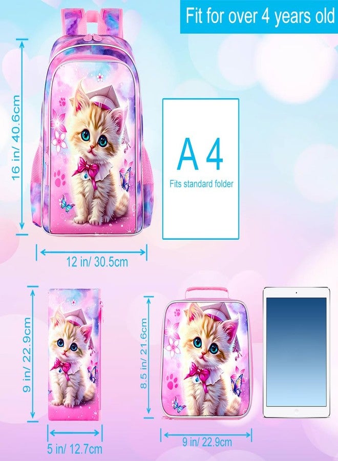 GXTVO 3PCS Girls Cat Bookbag, 16" Kids Backpackwith Lunch Box, Water Resistant School Bag for Elementary Preschool Toddler - Image 4