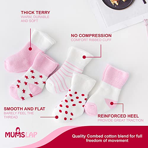 MumsLap Baby Socks for Boys and Girls | Cotton Blend Ankle Length Winter Socks for Newborns Infants Toddlers | Soft Breathable Terry Socks with Sweat Absorption, 5 Pairs (White Pink, 12 to 24 Months) - Image 3