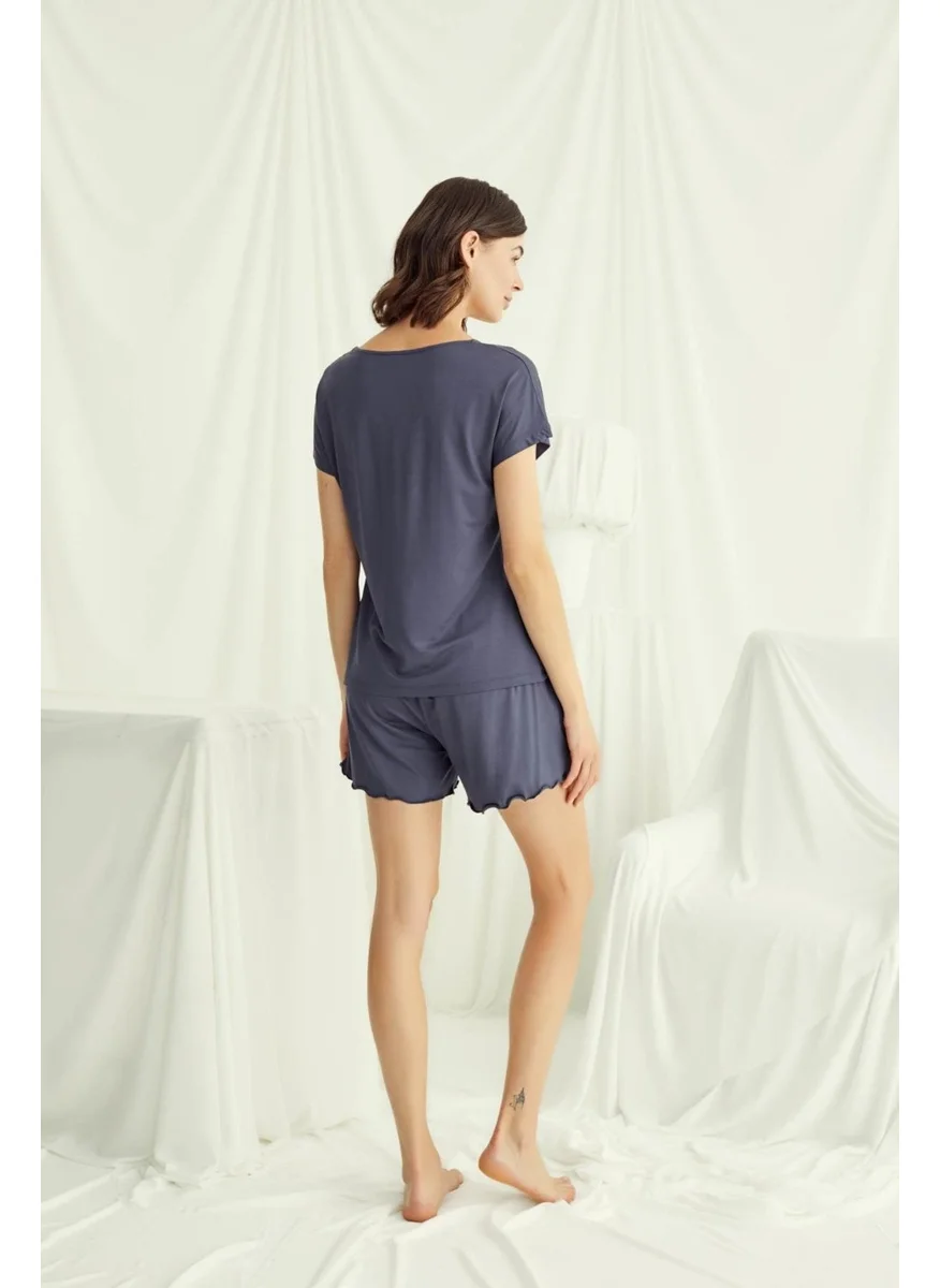 Monamise 18502 Women's V-Neck Short Sleeve Pajama Set with Shorts-Navy Blue