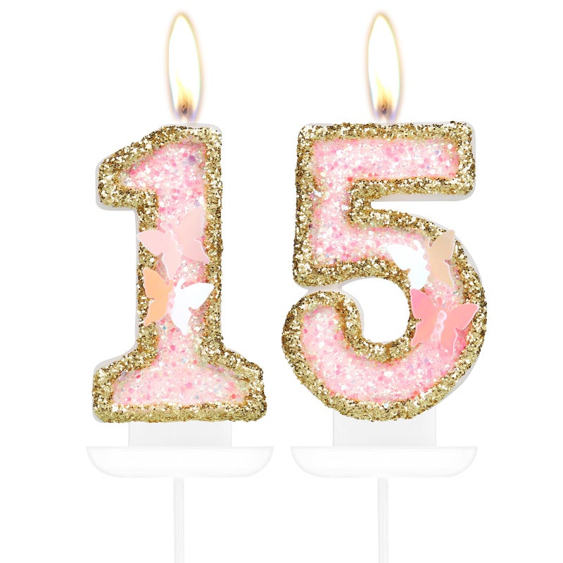 iNINGER Birthday Candle,Butterfly 15th Birthday Party Decorations for Women/Girl,Gold Pink Birthday Number 15 Candle,2.75" Large Glitter Birthday Candles Wedding Cake Topper Anniversary Party Decor - Image 1