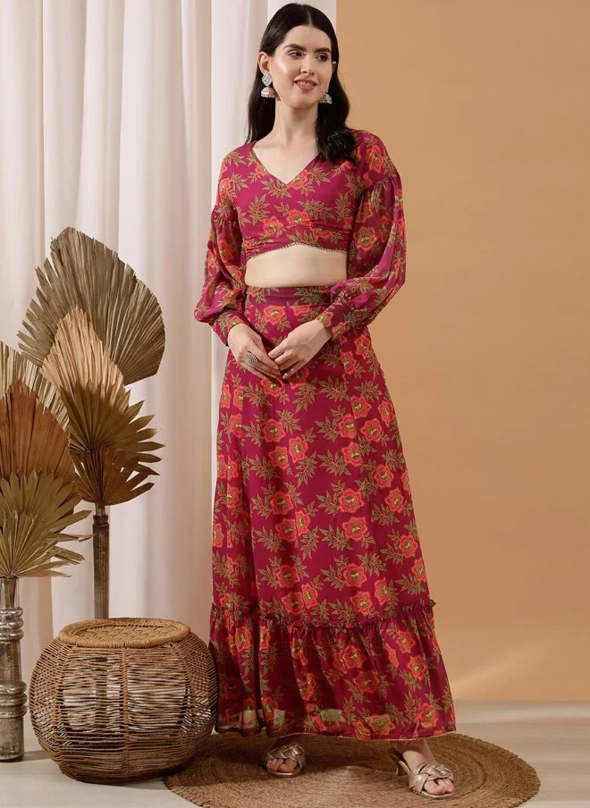 Indo Street Floral Printed Crop Top & Skirt Set for Women